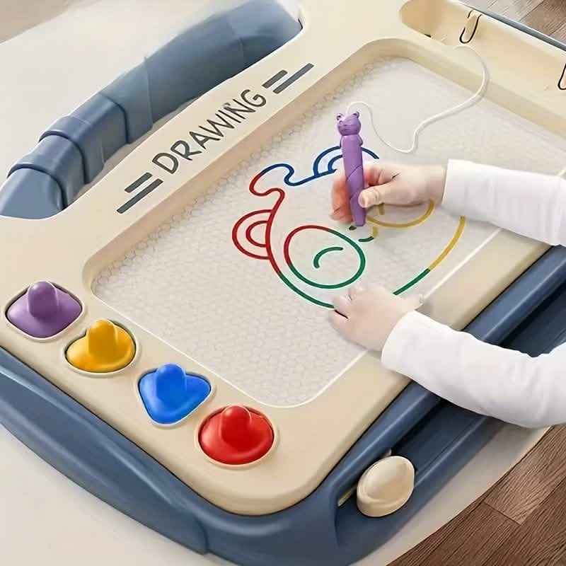 Blue magnetic drawing board with purple stylus and four colored buttons, child drawing