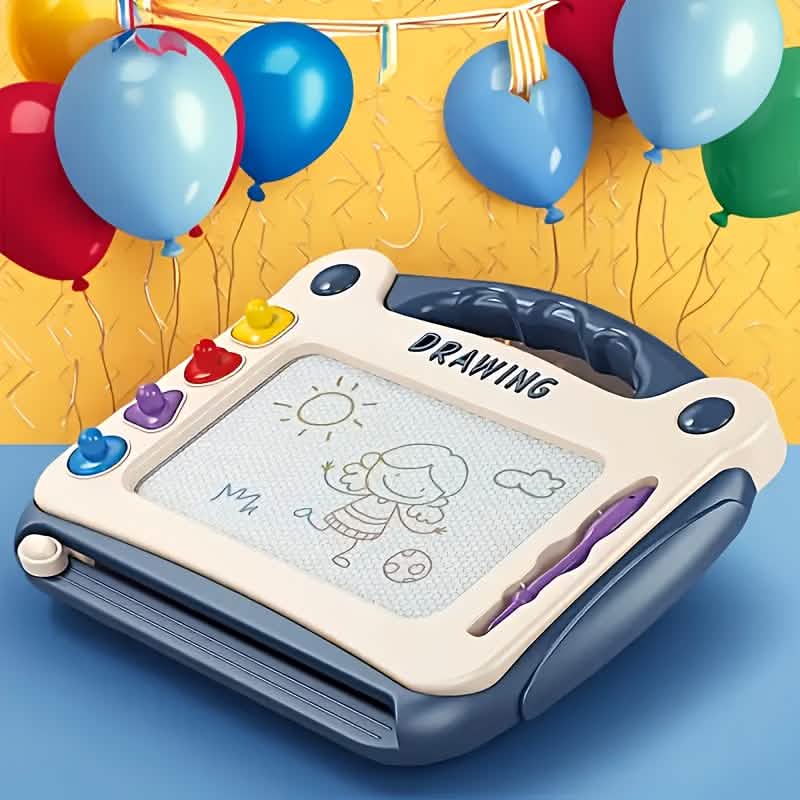 Blue magnetic drawing board toy with four colored buttons and purple stylus