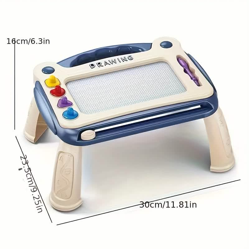 Blue magnetic drawing board toy with side handles and purple stylus on white legs
