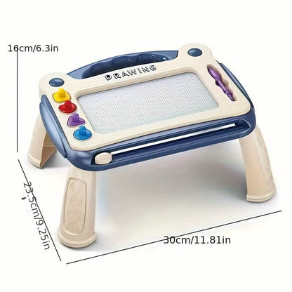 Blue magnetic drawing board toy with side handles and purple stylus on white legs