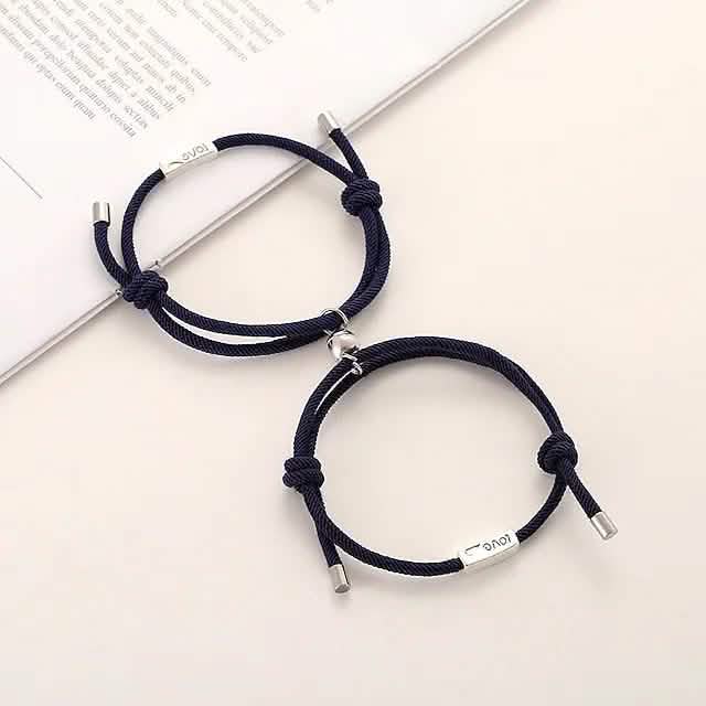 Magnetic rope couple bracelets in dark navy, with knot details and silver magnetic clasp ends