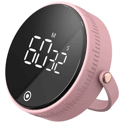 Pink magnetic LED kitchen timer with circular display and side bracket