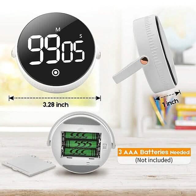 Magnetic LED kitchen timer with open battery compartment for AAA batteries