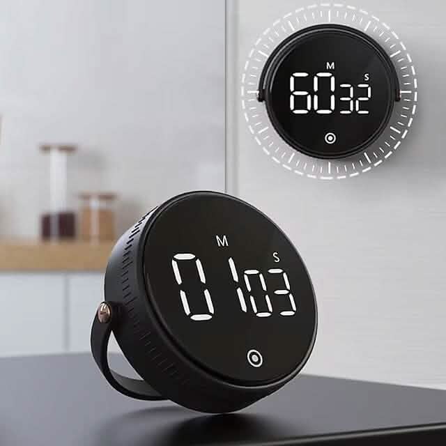 Black magnetic LED kitchen timer with large 00:03 digits and wall mount
