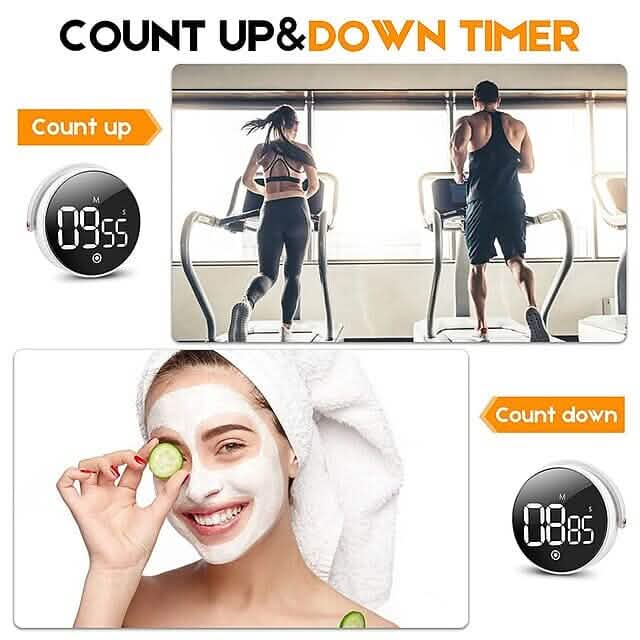 White magnetic LED kitchen timer with round display and side controls
