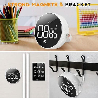 White magnetic LED kitchen timer with black circular display and bracket
