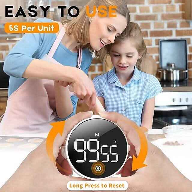 Round magnetic LED kitchen timer with 09:55 display and magnetic back