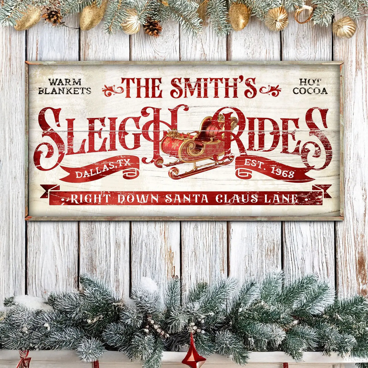 Framed Christmas wall sign with red sleigh ride lettering and vintage ornaments