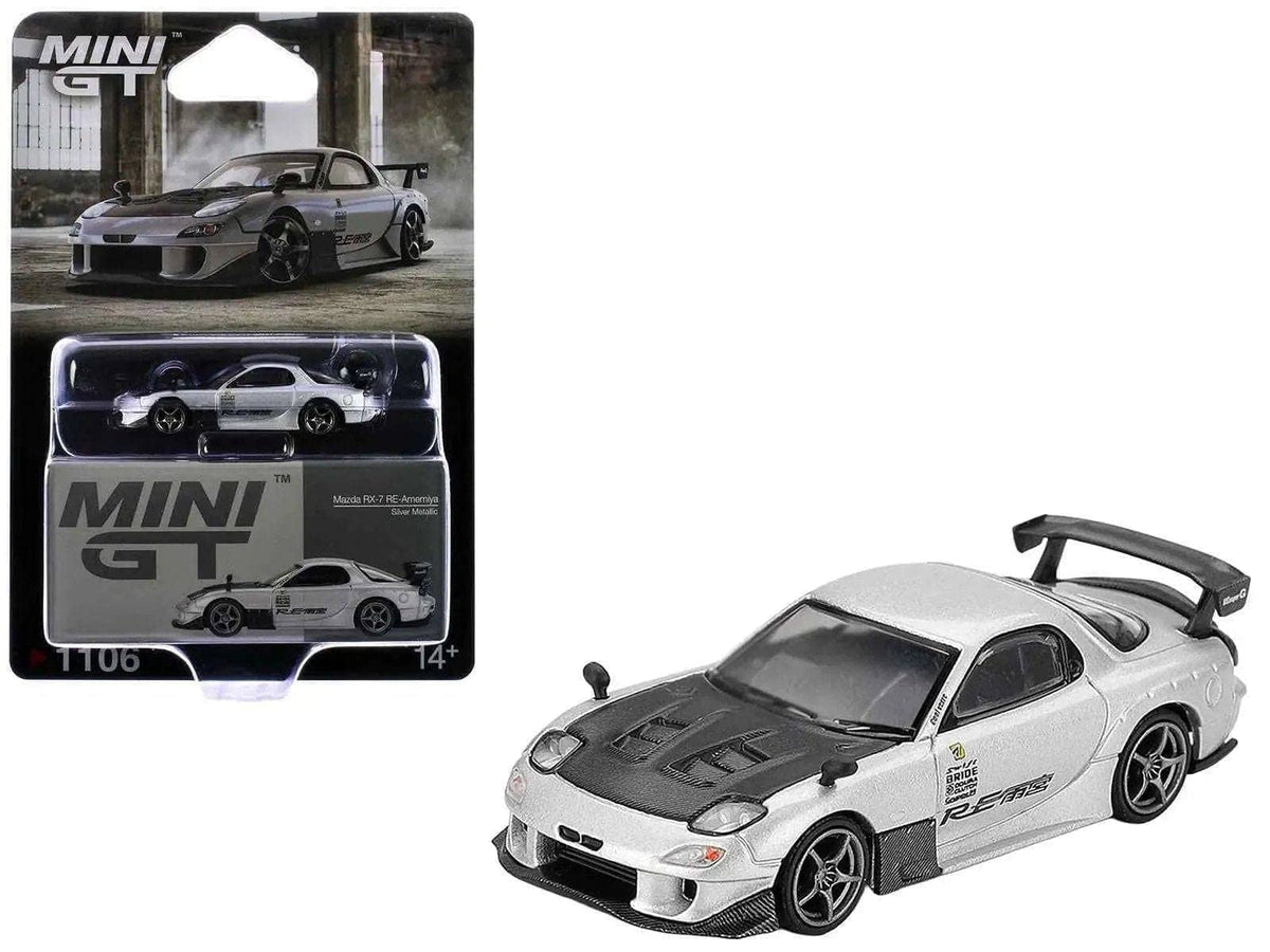 Mazda RX-7 RE-Amemiya Silver Metallic with Matt Black Hood Limited Edition 1/64 Diecast Model Car by Mini GT Miniature Motors Default Title Default Title-