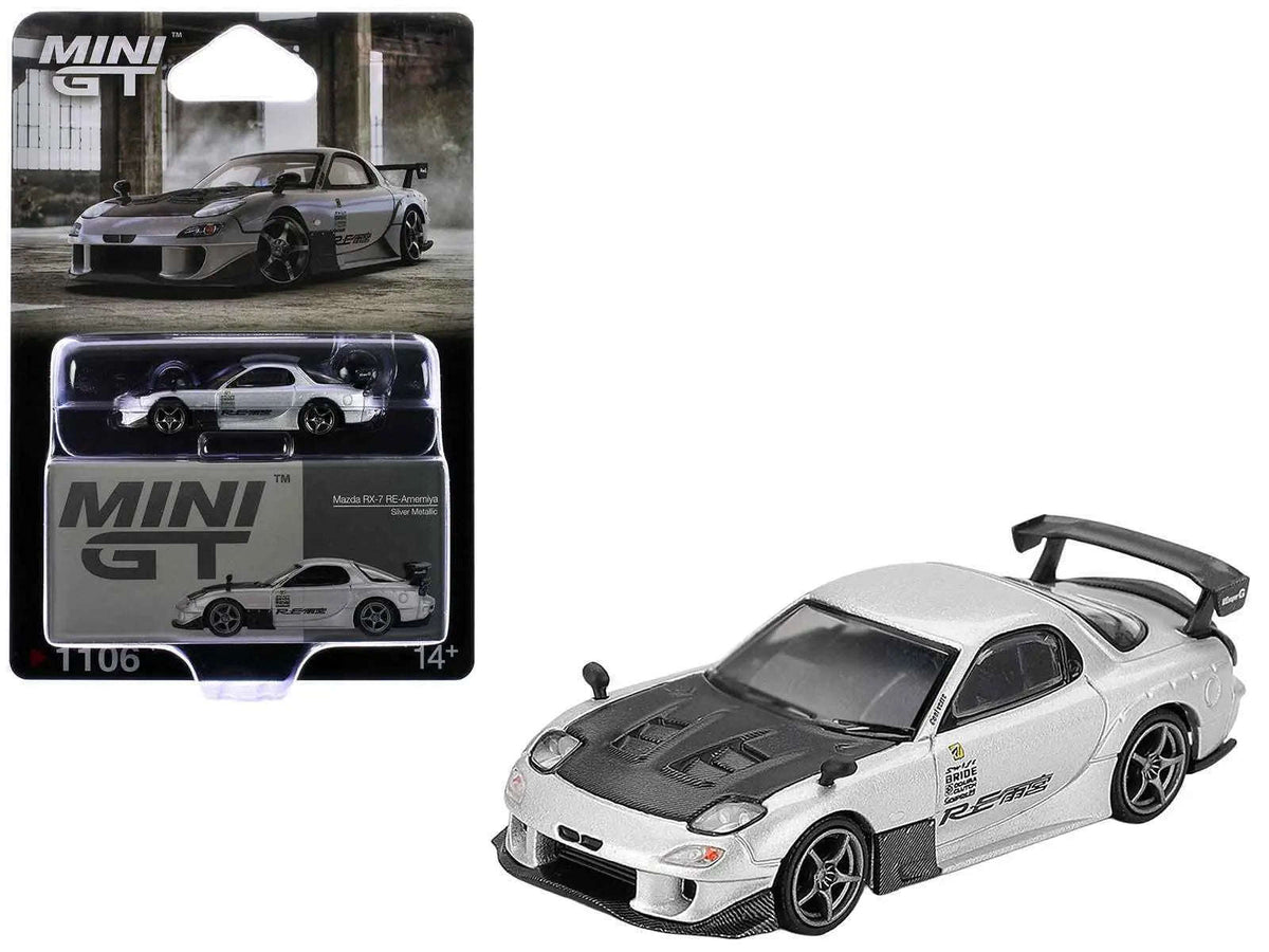 Mazda RX-7 RE-Amemiya Silver Metallic with Matt Black Hood Limited Edition 1/64 Diecast Model Car by Mini GT Cartsfy Inc.