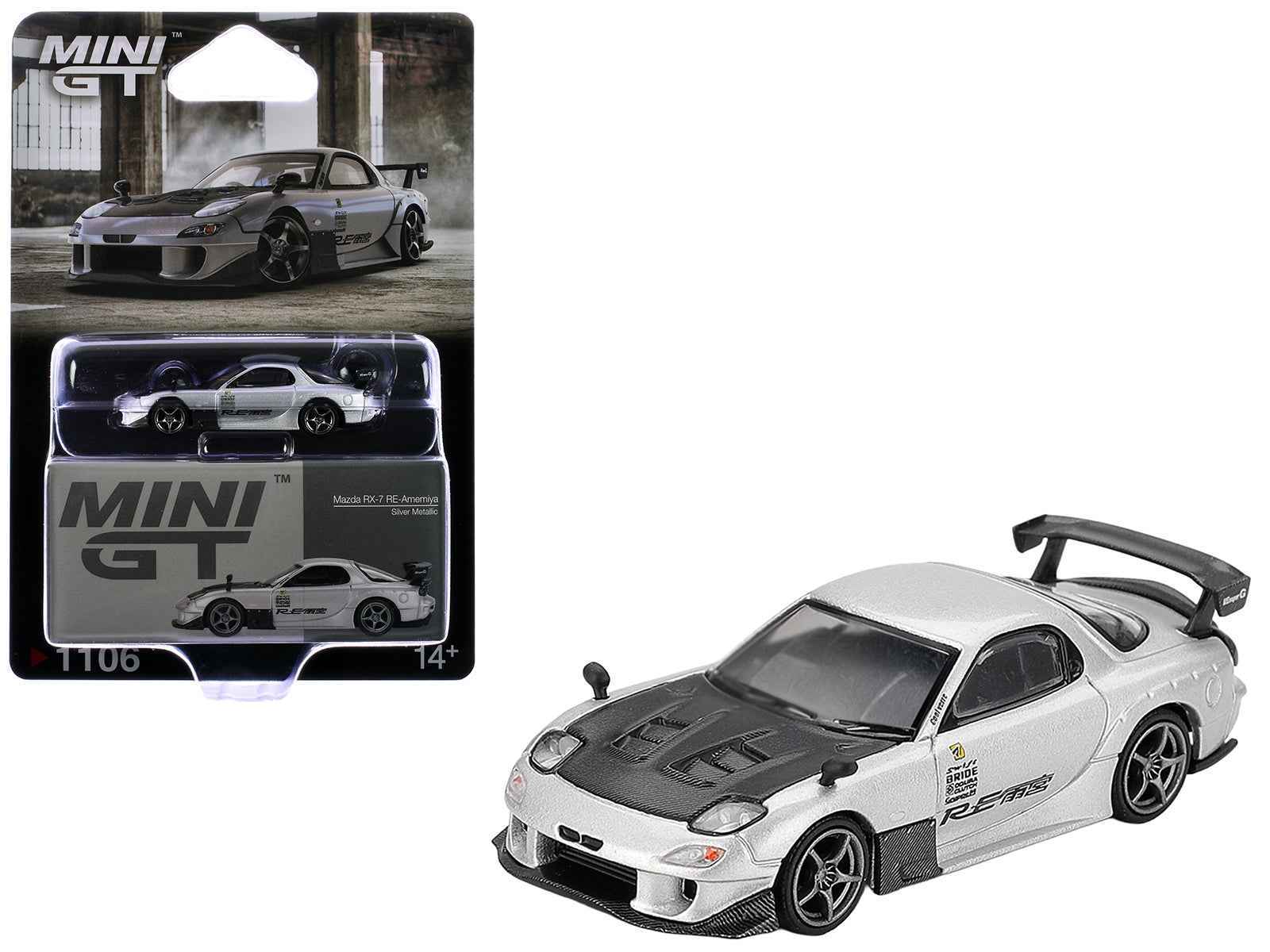 Mazda RX-7 RE-Amemiya Silver Metallic with Matt Black Hood Limited Edition 1/64 Diecast Model Car by Mini GT Cartsfy Inc.