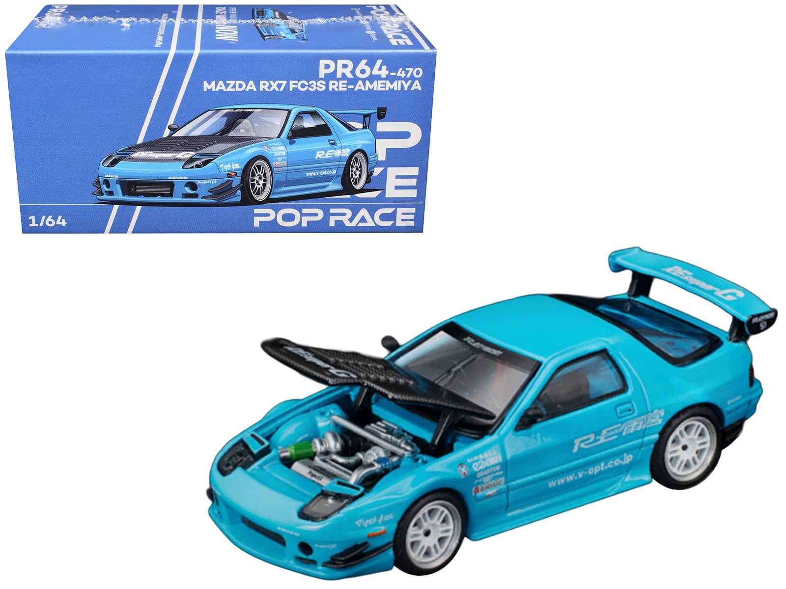 Mazda RX7 (FC3S) RE Amemiya RHD (Right Hand Drive) Light Blue with Carbon Hood "Tokyo Auto Salon 2026" 1/64 Diecast Model Car by Pop Race Miniature Motors Default Title Default Title-