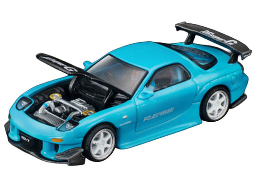 Mazda RX7 (FD3S) RE Amemiya RHD (Right Hand Drive) Light Blue with Carbon Hood "Tokyo Auto Salon 2026" 1/64 Diecast Model Car by Pop Race Cartsfy Inc.