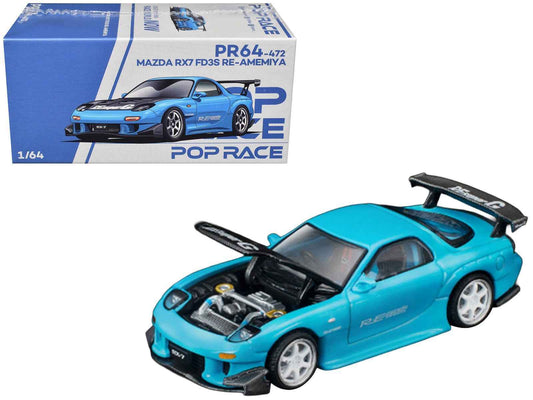 Mazda RX7 (FD3S) RE Amemiya RHD (Right Hand Drive) Light Blue with Carbon Hood "Tokyo Auto Salon 2026" 1/64 Diecast Model Car by Pop Race Cartsfy Inc.