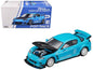 Light blue 1/64 diecast model car with black carbon-style hood and front grille