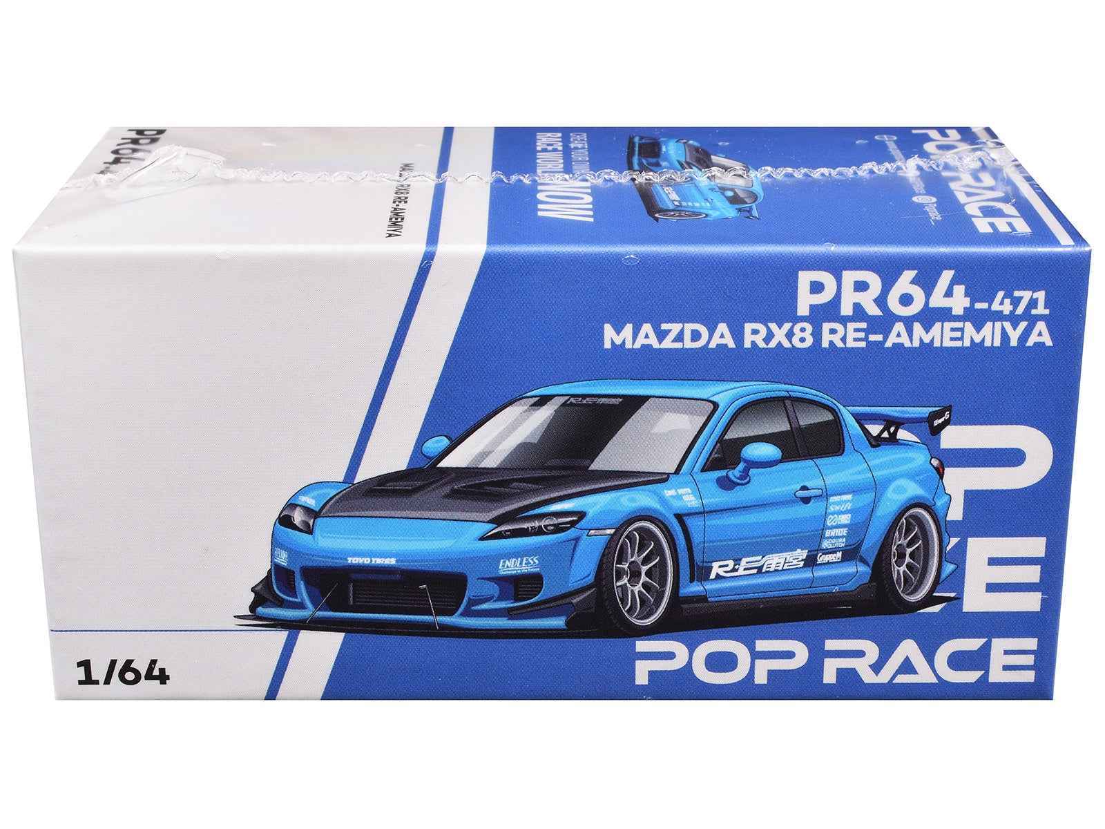 Light blue 1/64 diecast model car in retail box with black hood