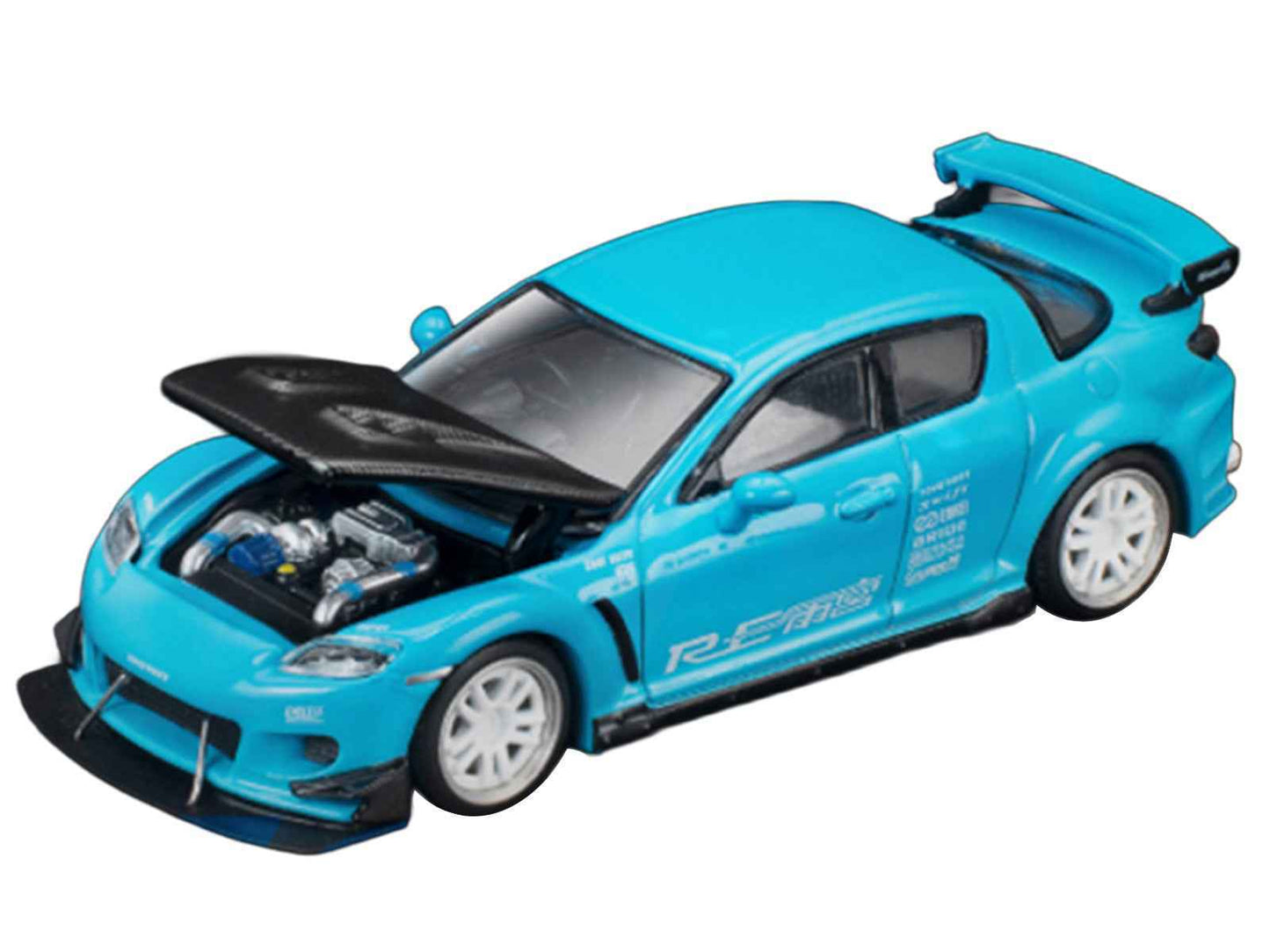Light blue 1/64 diecast sports car model with open engine bay and black hood