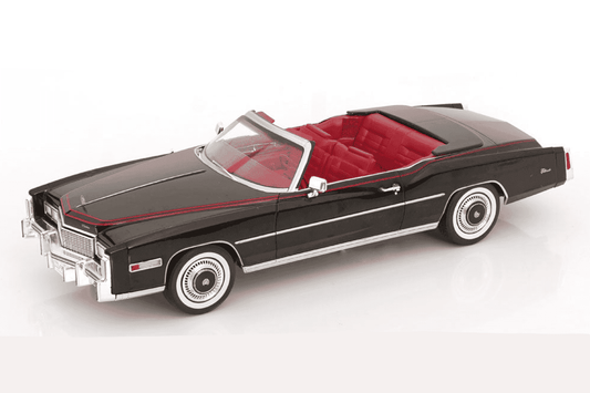 Black 1976 convertible model car with red interior, chrome bumpers, white pinstripe, 1:18