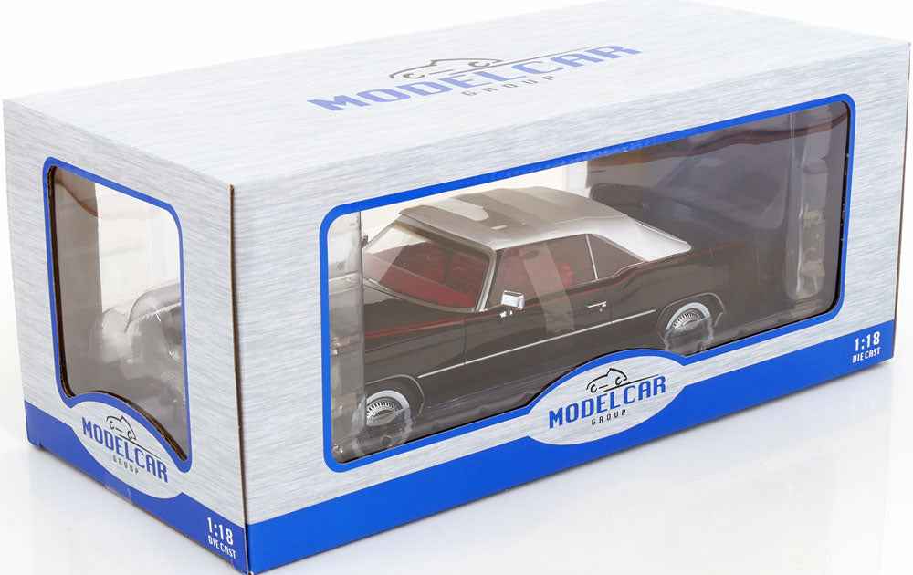 Model car display box with clear window showing black 1:18 convertible and red interior