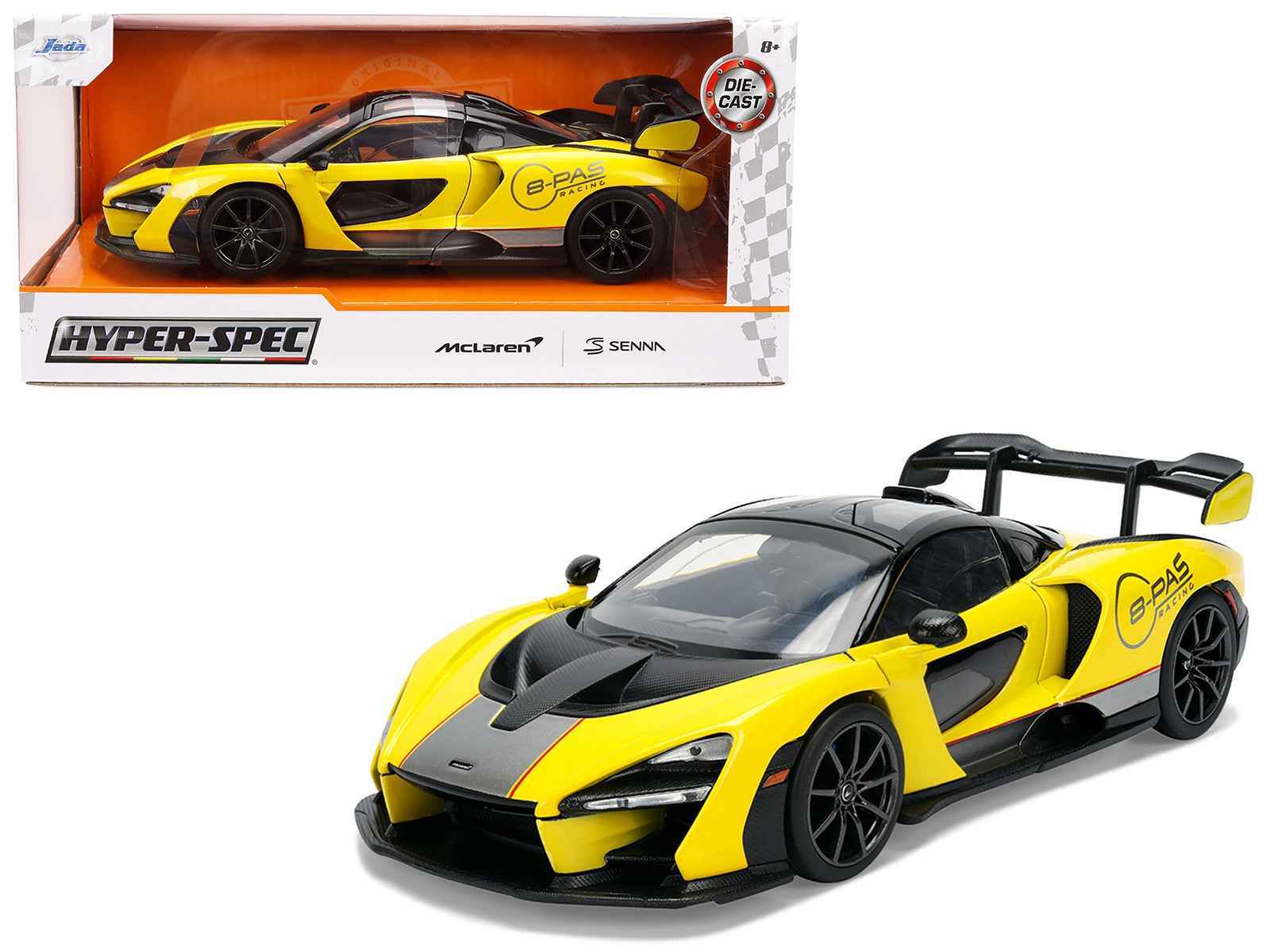 McLaren Senna "8-PAS Racing" Yellow Metallic with Black Top "Hyper-Spec" Series 1/24 Diecast Model Car by Jada Cartsfy Inc.