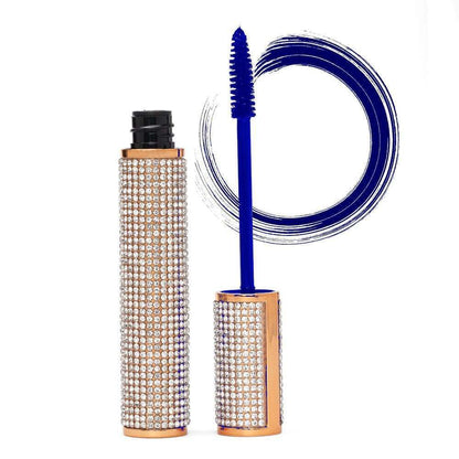 Blue mascara wand with rhinestone diamond case and blue swirled lash effect