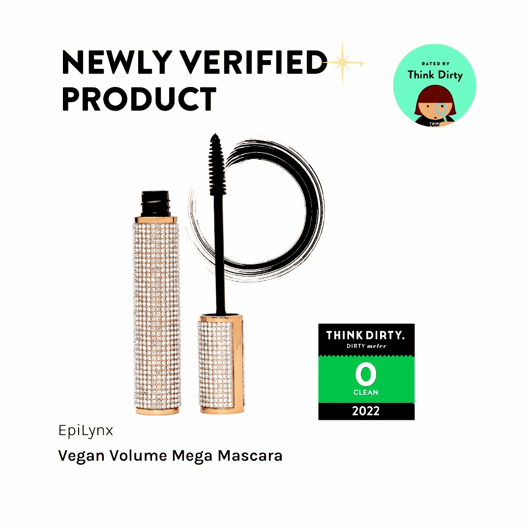 Vegan volume mega mascara set with diamond-look case and black brush wand.