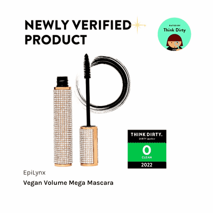 Vegan volume mega mascara set with diamond-look case and black brush wand.