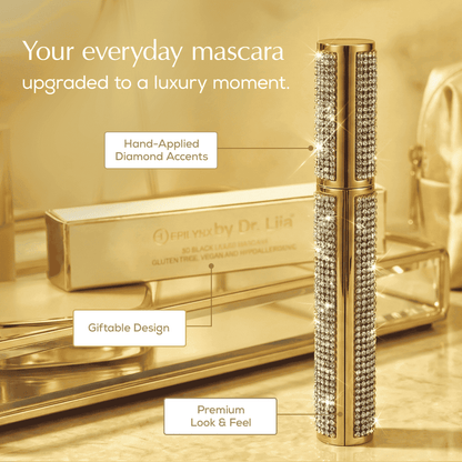 Rhinestone diamond case mascara bottle standing upright with wand applicator