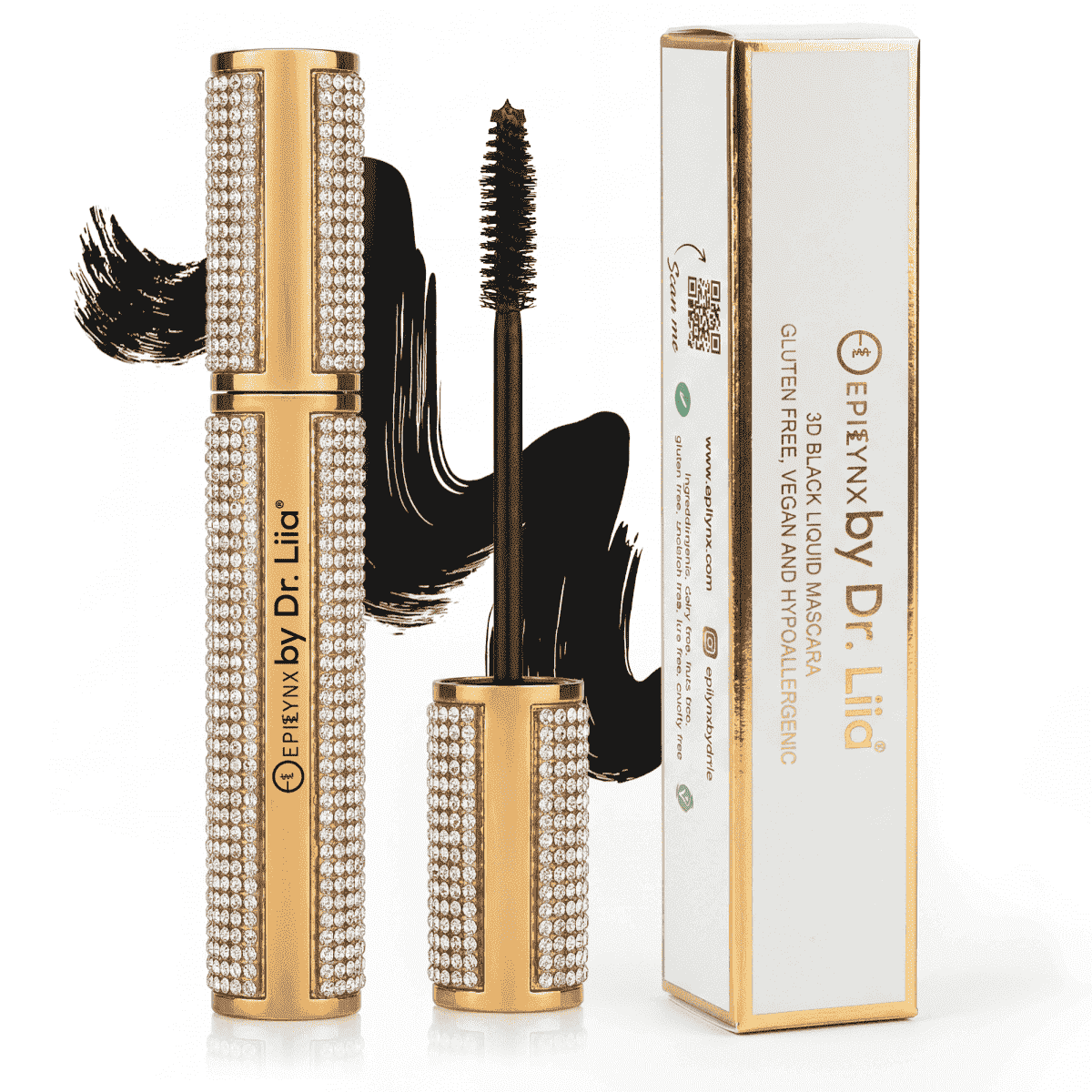 Rhinestone mascara tubes with black wand applicator and gold-trimmed box