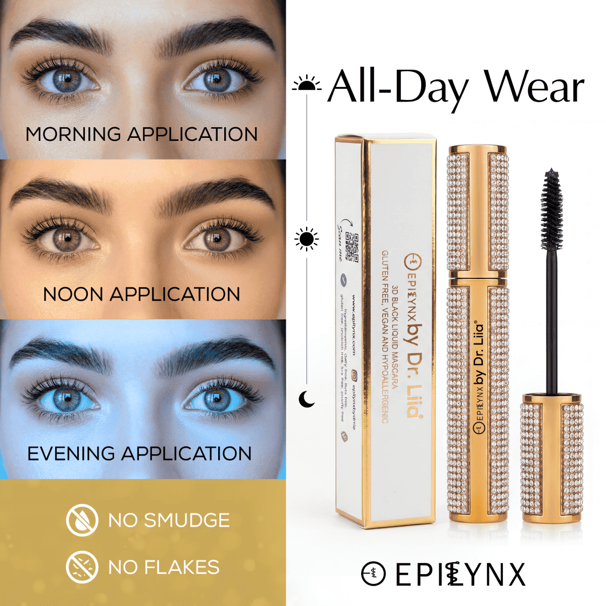 Black and blue vegan mascara with diamond-look case and mascara wand.