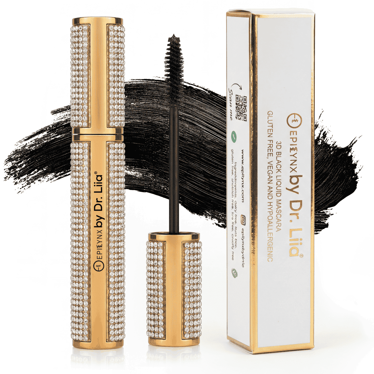 Diamond case mascara tube with wand and box plus bold black lash swatch