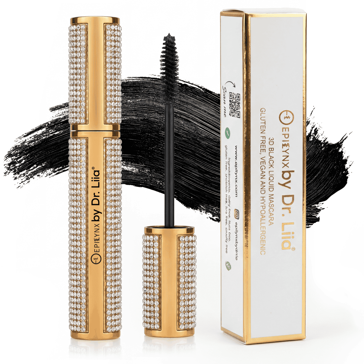 Diamond case mascara tube with wand and box plus bold black lash swatch
