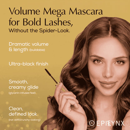 Volume mega mascara for bold lashes in diamond-look container with black wand.