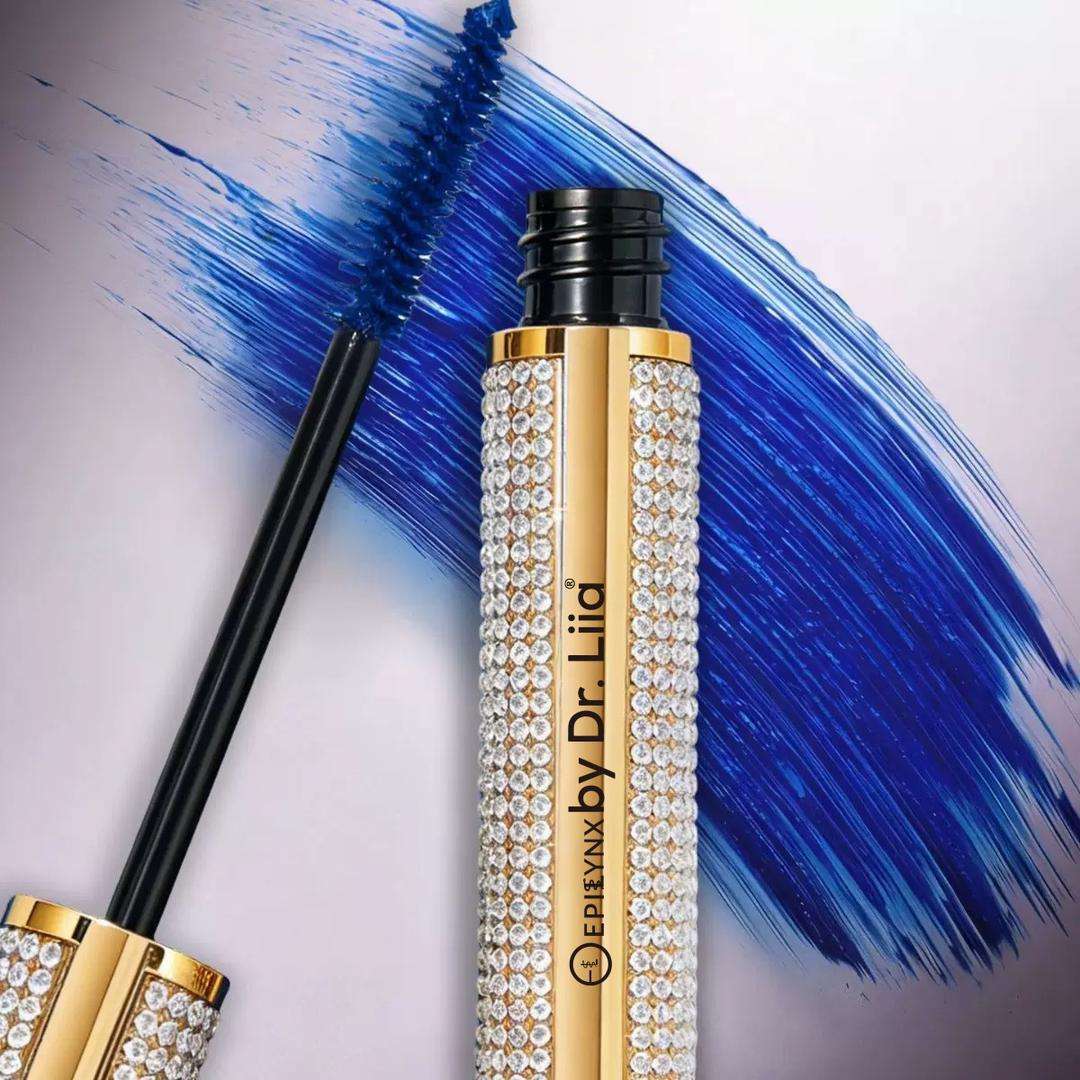 Blue mascara tube with rhinestone case and blue brush smear