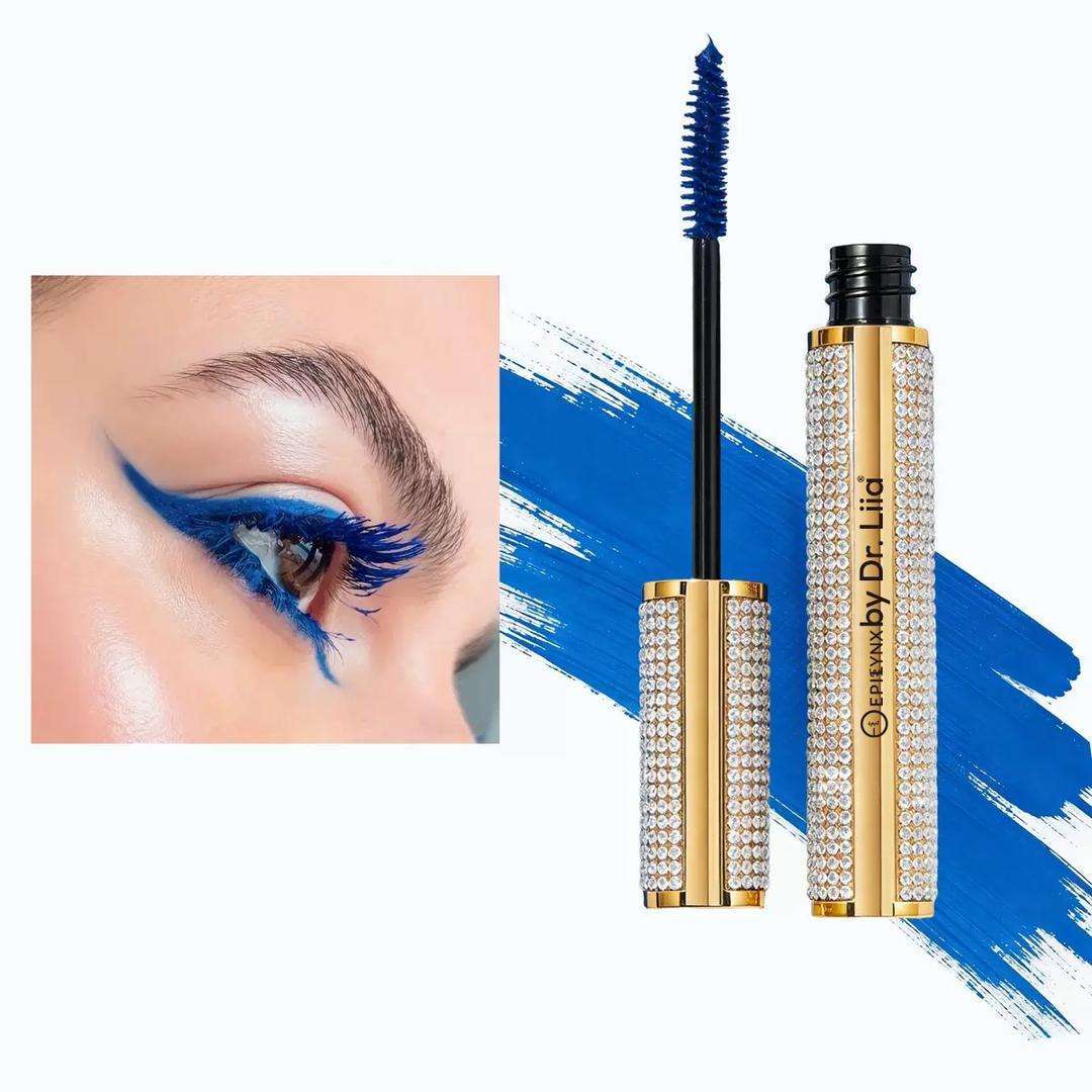 Blue mascara tubes with rhinestone cases and blue eye swatch