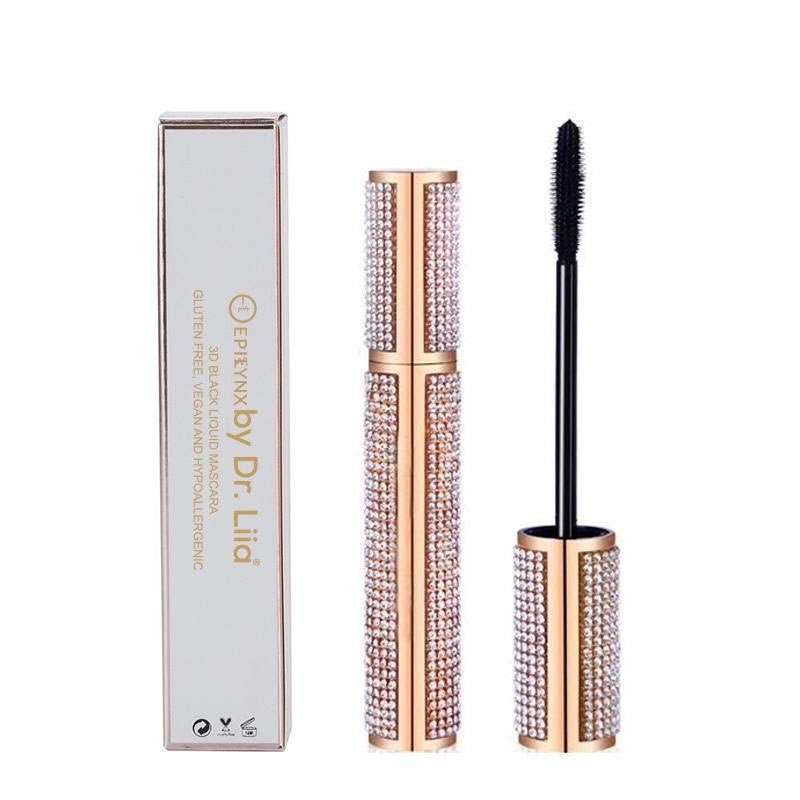 Diamond-look mascara case with matching tube and separate black mascara wand.