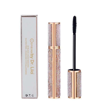 Diamond-look mascara case with matching tube and separate black mascara wand.