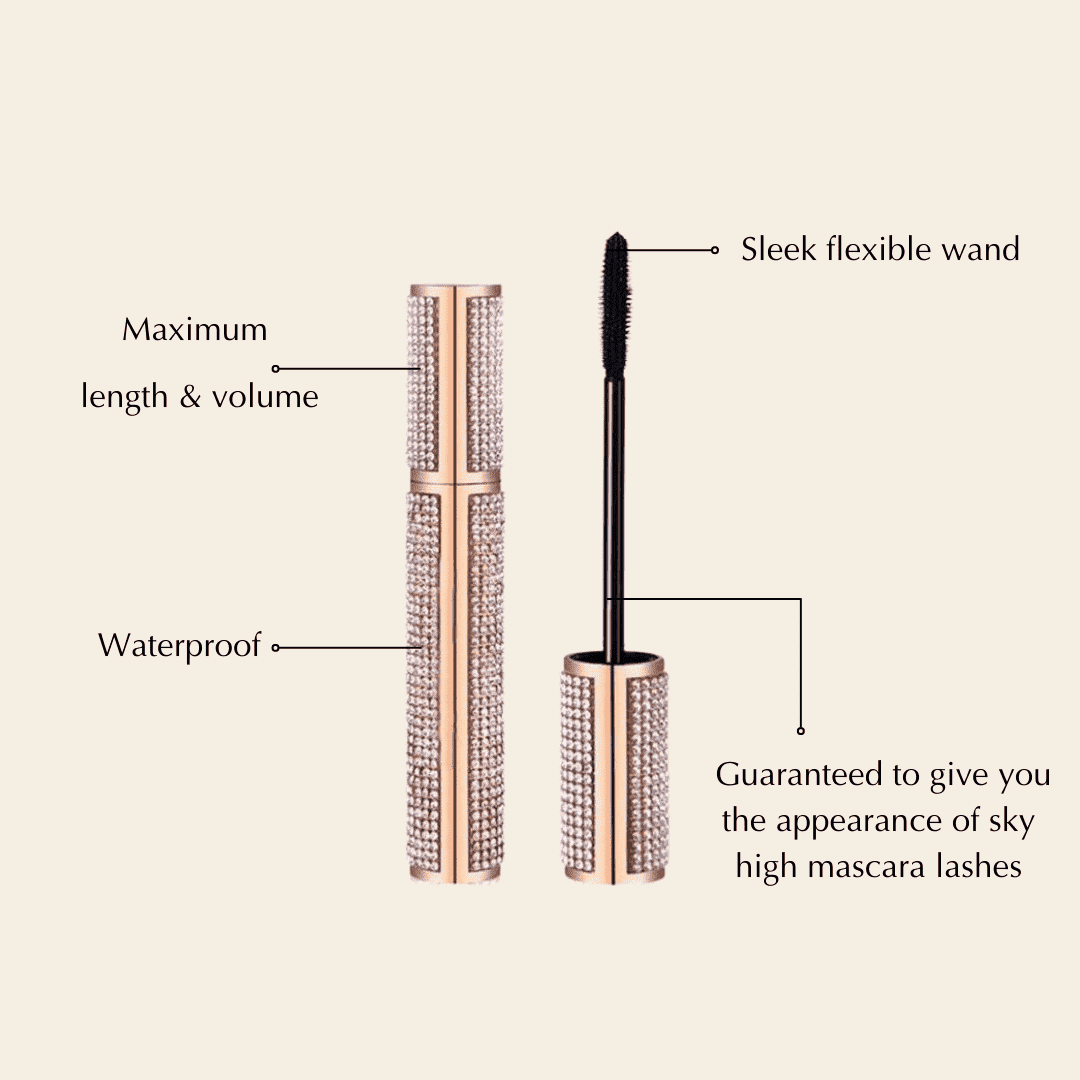 Diamond-look mascara tube with slim black wand shown side-by-side for length.