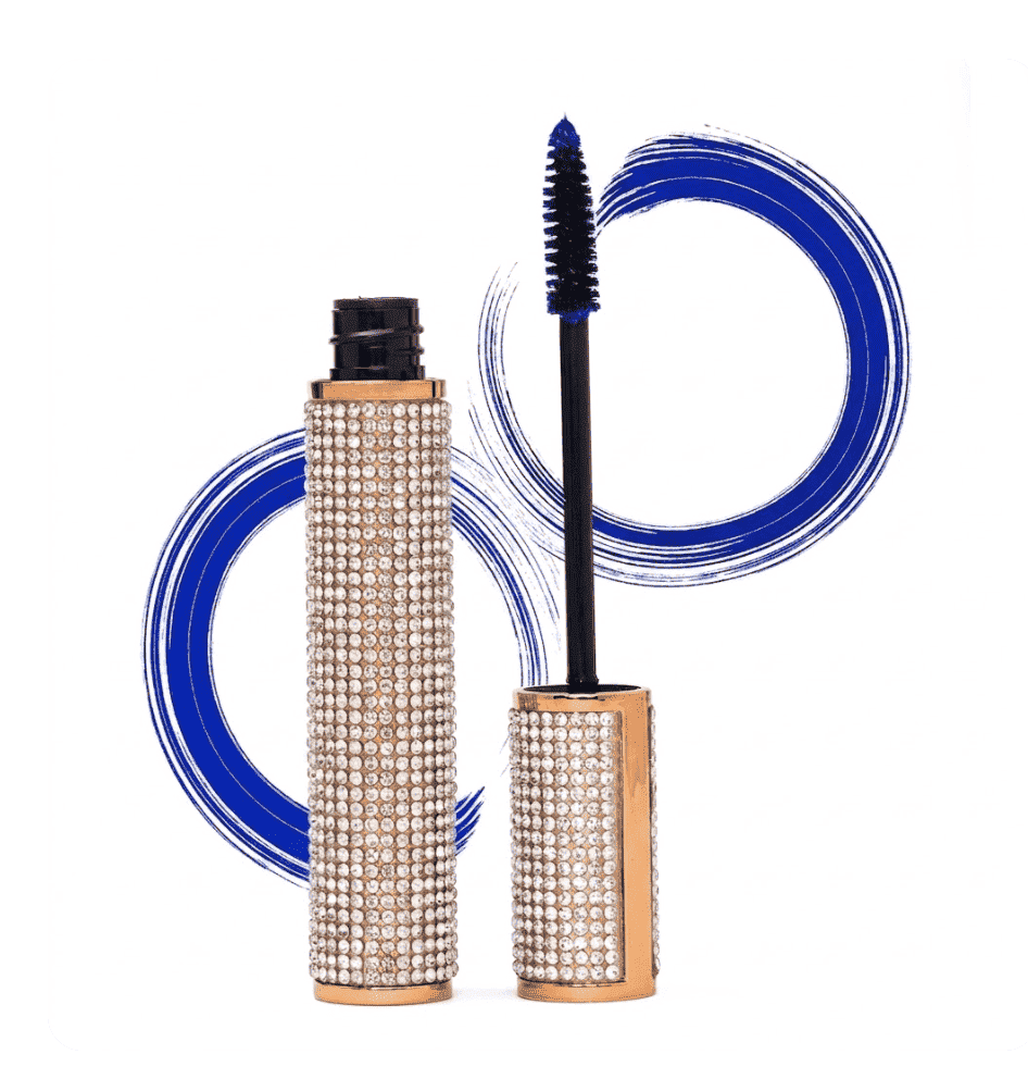 Blue mascara wand and rhinestone diamond-look case with blue swirl
