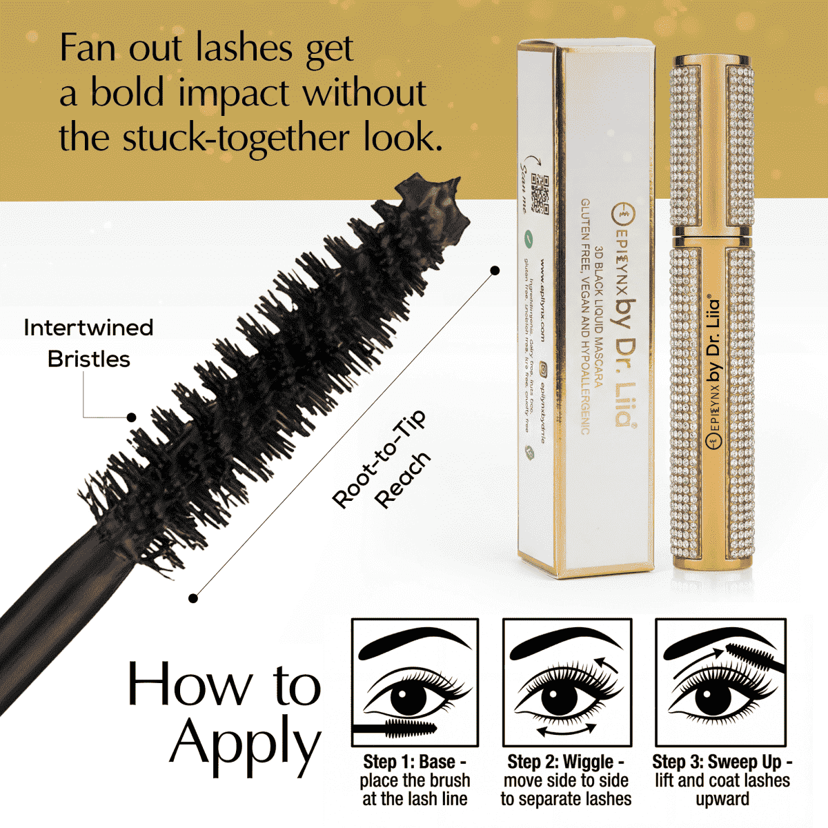 Mascara wand and diamond-look mascara tube with close-up bristle diagram.