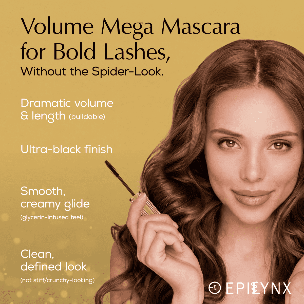 Volume mega mascara for bold lashes in diamond-look container with black wand.