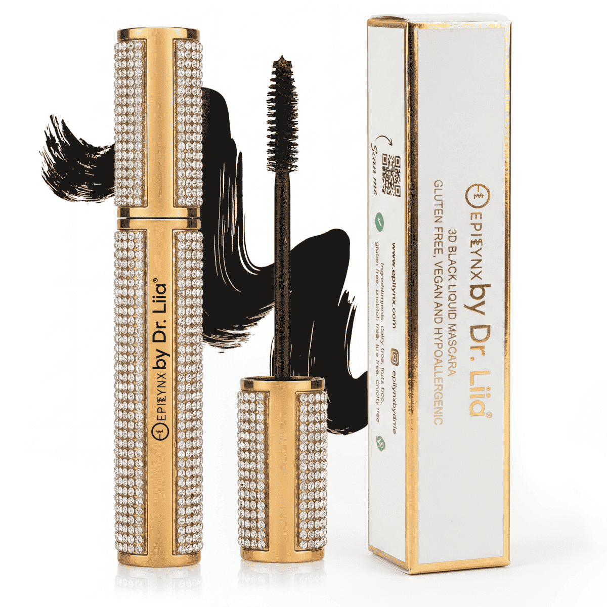 Rhinestone mascara tubes with black wand applicator and gold-trimmed box