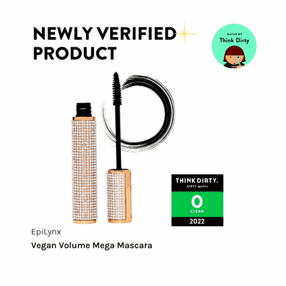 Vegan volume mega mascara set with diamond-look case and black brush wand.