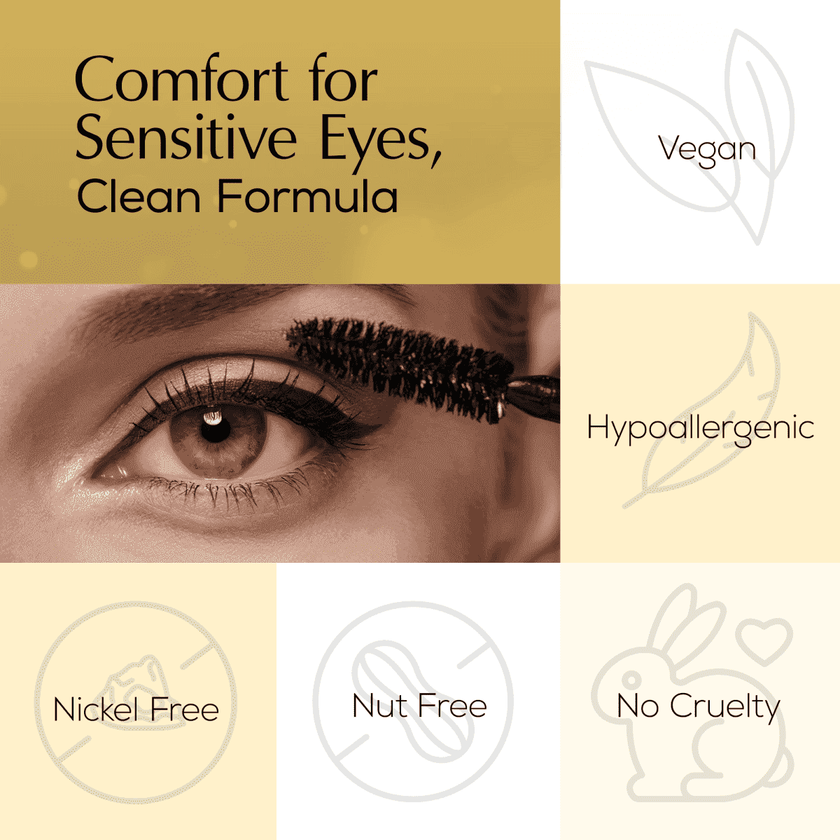 Mascara on lashes with vegan and hypoallergenic icons