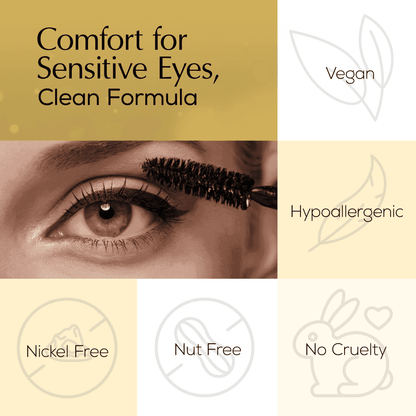 Mascara on lashes with vegan and hypoallergenic icons