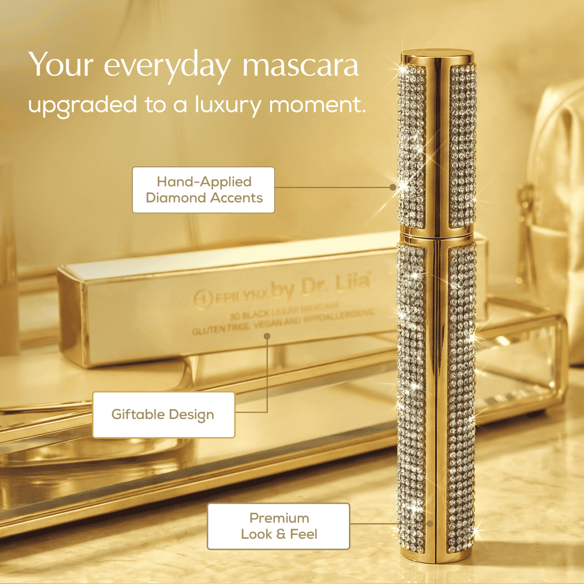 Rhinestone diamond case mascara bottle standing upright with wand applicator