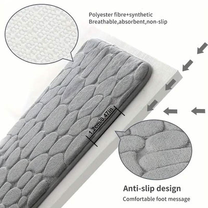 Grey bath rug with cobblestone embossing, anti-slip backing, and plush pile