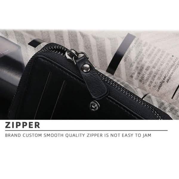 Men's black bifold wallet zipper pull and stitched seam