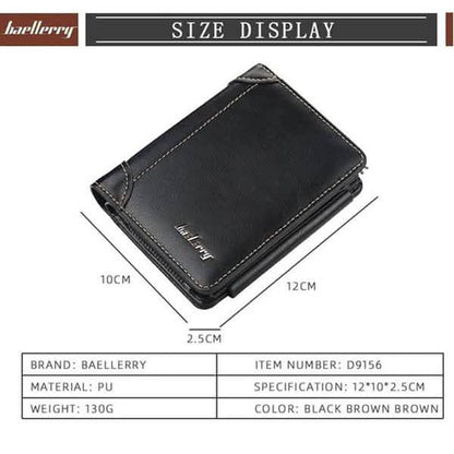 Men's black bifold wallet with stitched edges, shown with size dimensions