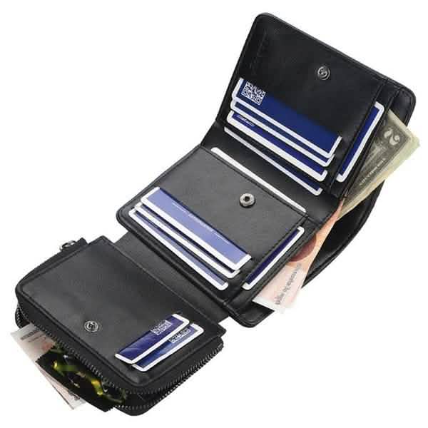 Men's black bifold wallet open, showing card slots and bill compartments